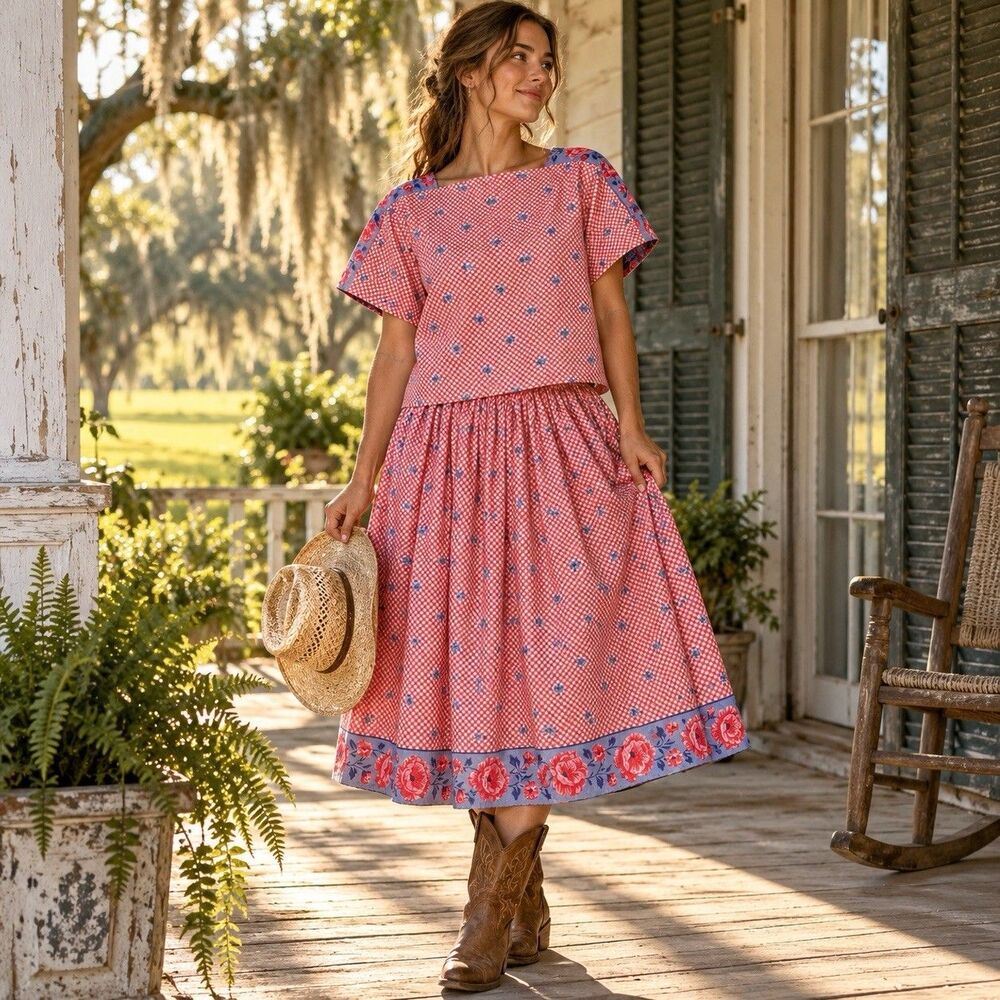 Vintage New Orleans Union Made retro red Gingham Floral Skirt & Top size L / 10